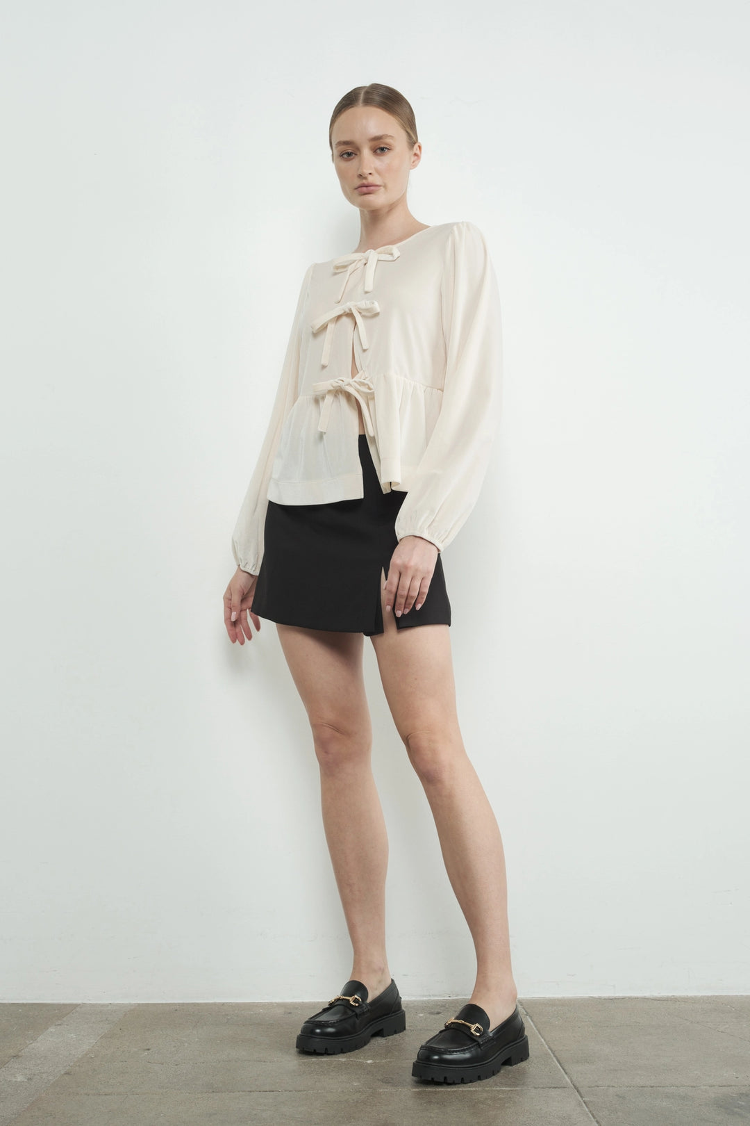 Velvet Bow Tie Peplum Blouse - Cream