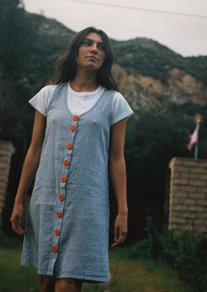 Washed Linen Dress - Navy Stripe