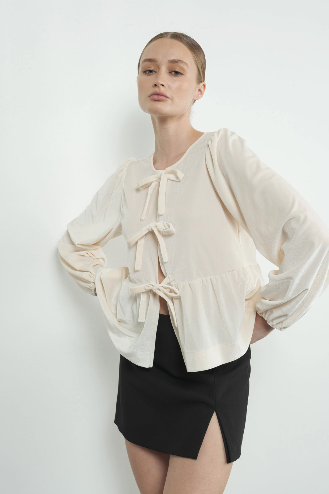 Velvet Bow Tie Peplum Blouse - Cream