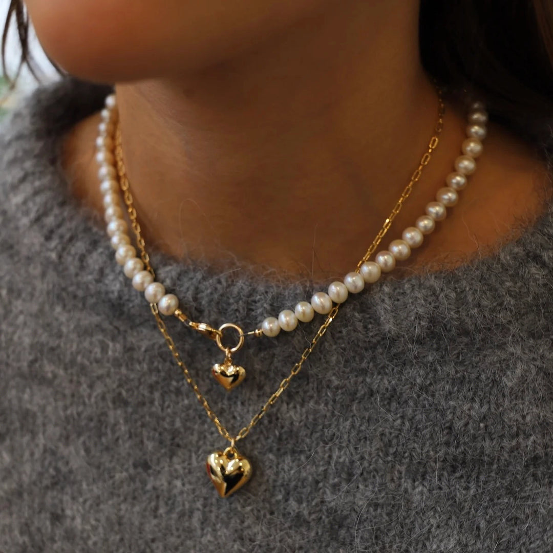 Heart & Freshwater Pearl Necklace - Gold