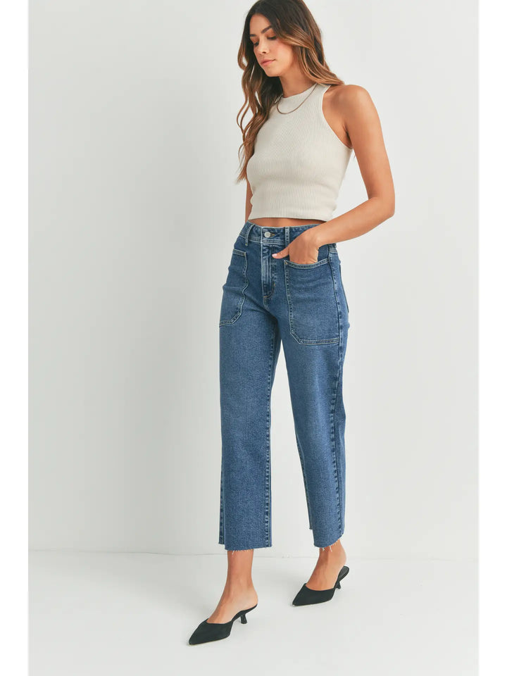 High Rise Utility Wide Leg Jeans - Medium Denim