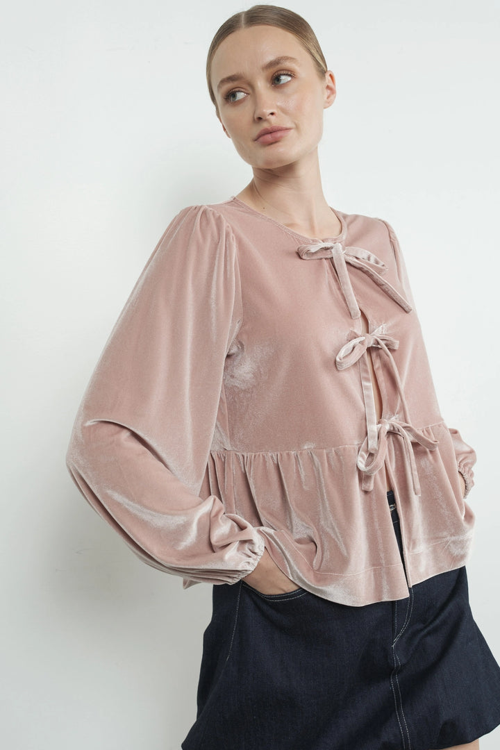 Velvet Bow Tie Peplum Blouse - Dusty Pink