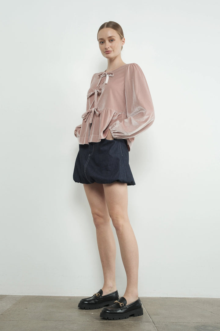 Velvet Bow Tie Peplum Blouse - Dusty Pink