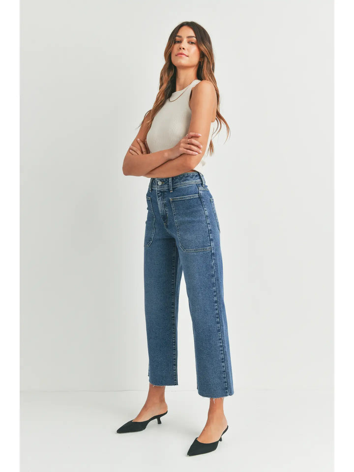 High Rise Utility Wide Leg Jeans - Medium Denim