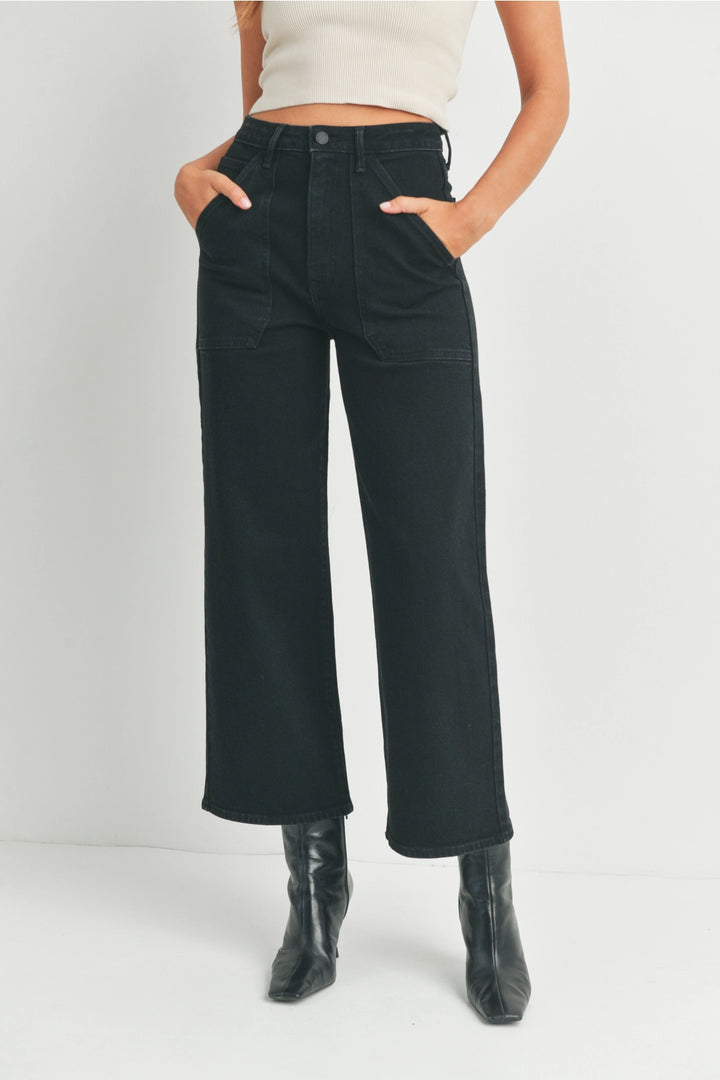 High Rise Utility Wide Leg Jeans - Black