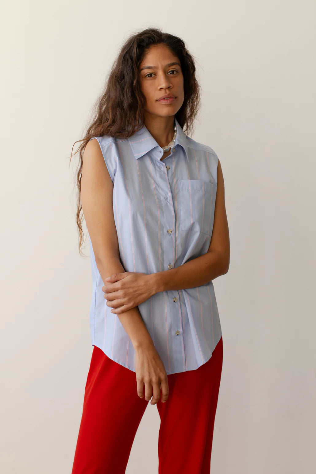 Stripe Pop Sleeveless Shirt - Tomato Pinstripe