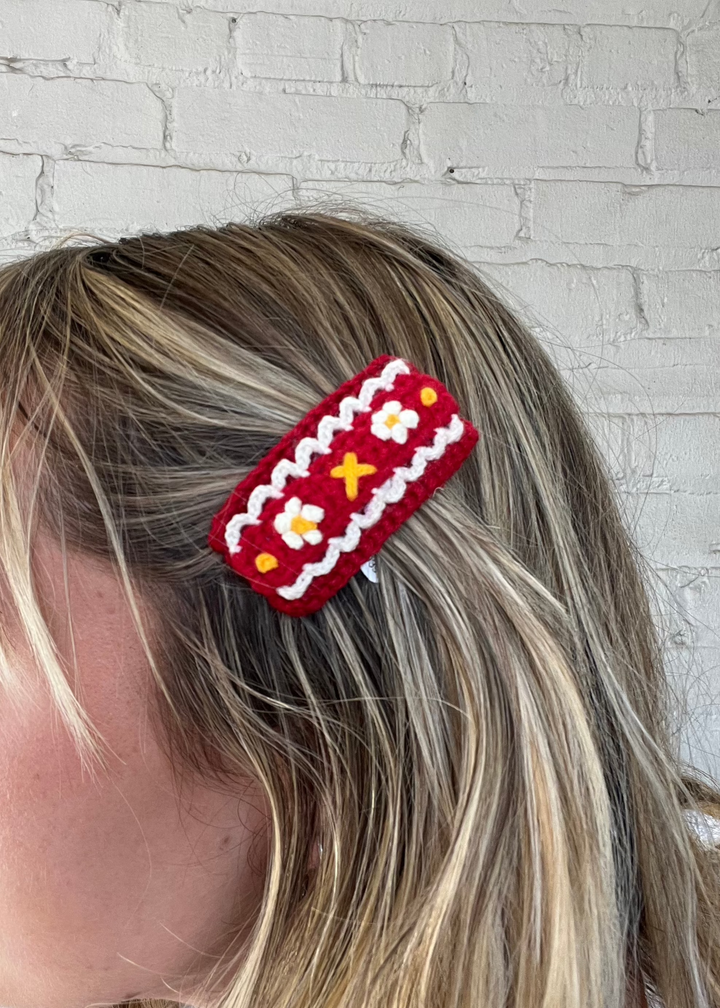 Polly Crochet Hair Clip - Red / White Floral