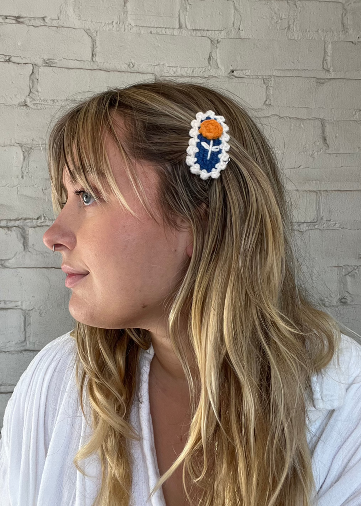 Crochet Hair Clip - Orange / Blue Floral