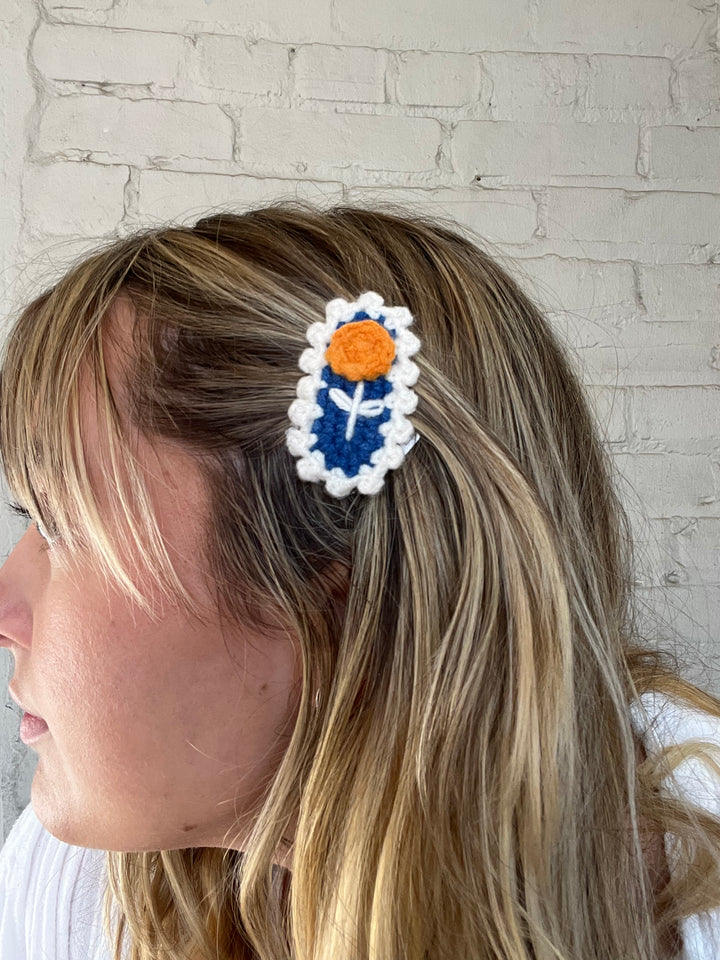 Crochet Hair Clip - Orange / Blue Floral