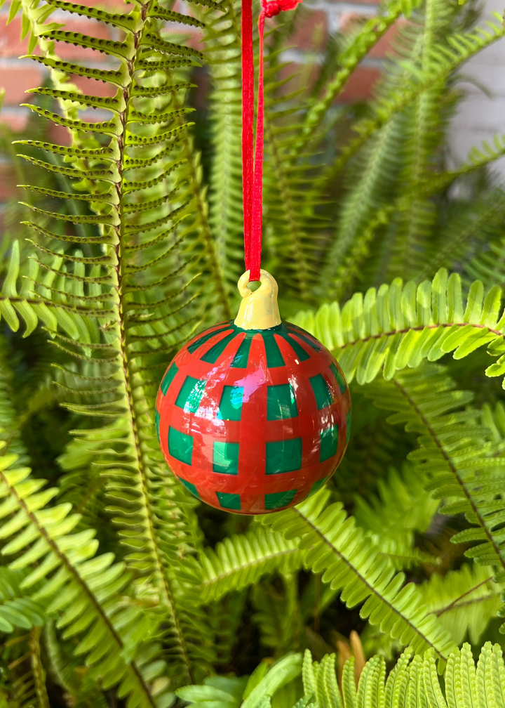 Small Gingham Bauble Ornament - Green / Red