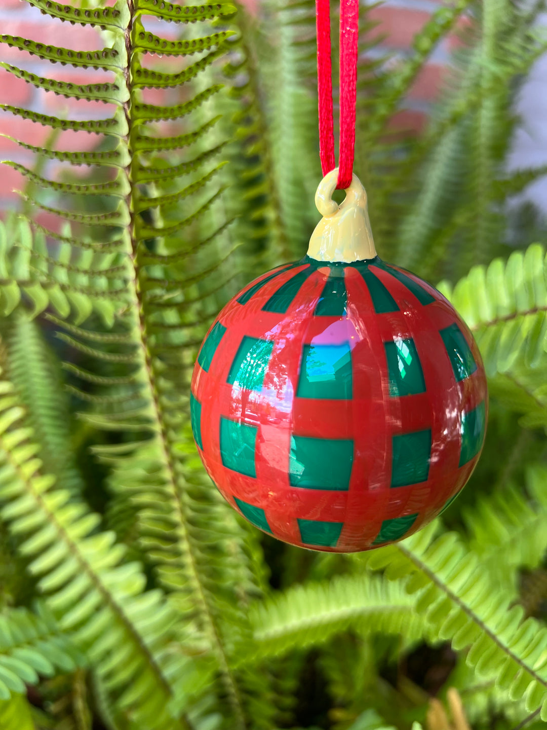 Small Gingham Bauble Ornament - Green / Red