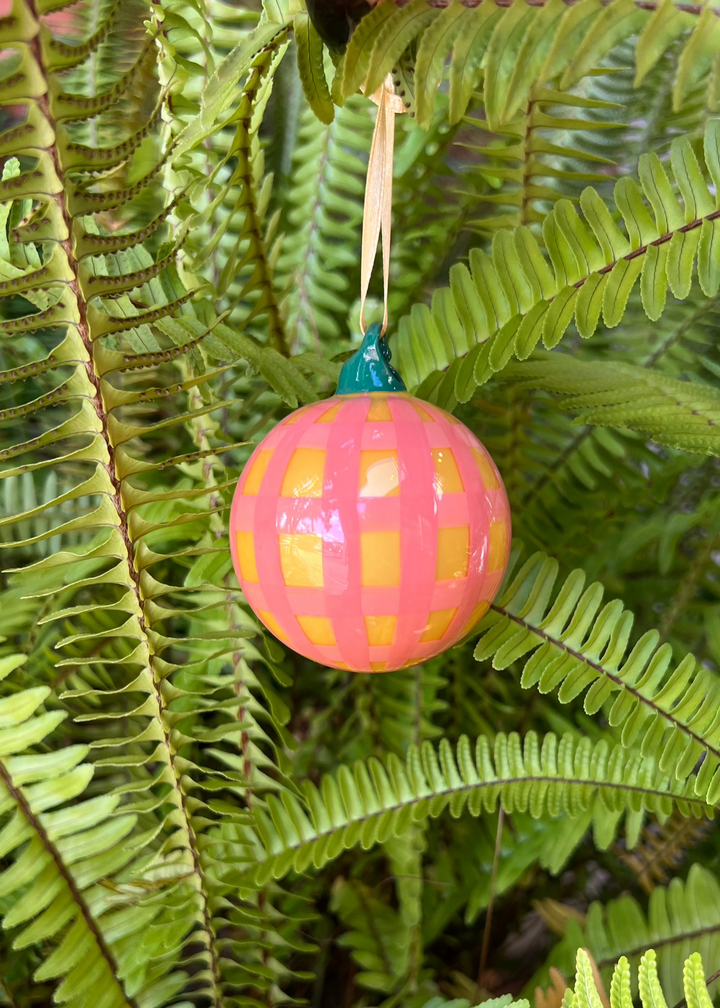 Small Gingham Bauble Ornament - Yellow / Peach