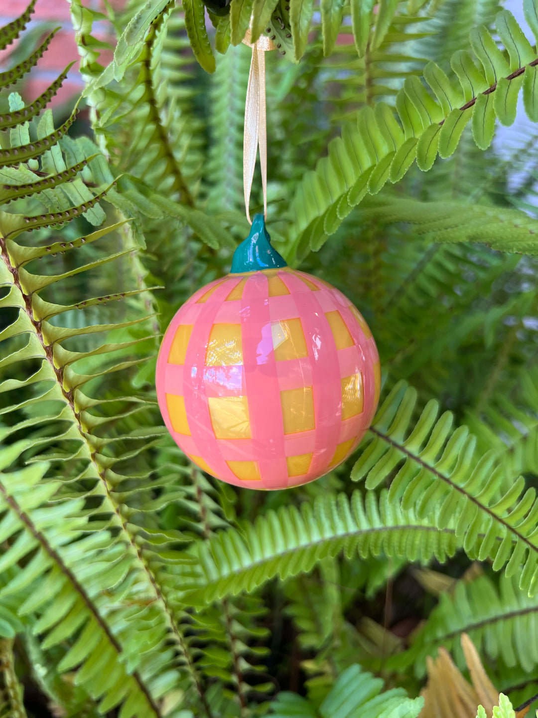 Small Gingham Bauble Ornament - Yellow / Peach