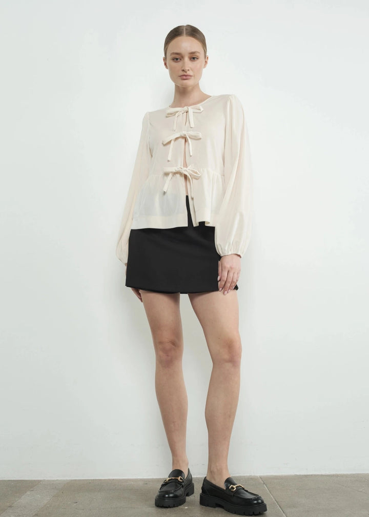 Velvet Bow Tie Peplum Blouse - Cream