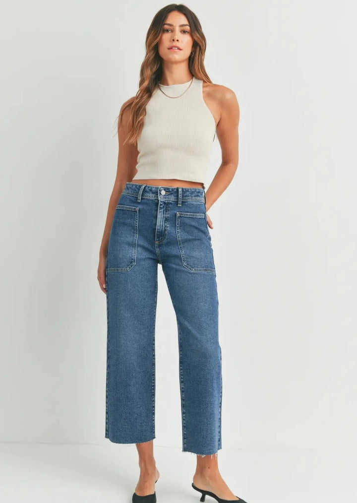 High Rise Utility Wide Leg Jeans - Medium Denim