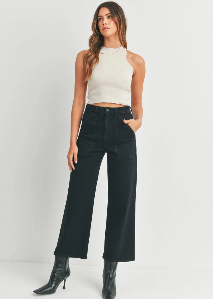 High Rise Utility Wide Leg Jeans - Black