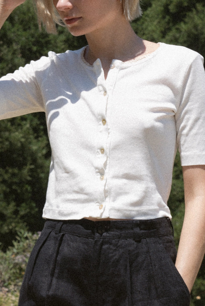 Short Sleeve Organic Cardigan - Ivory