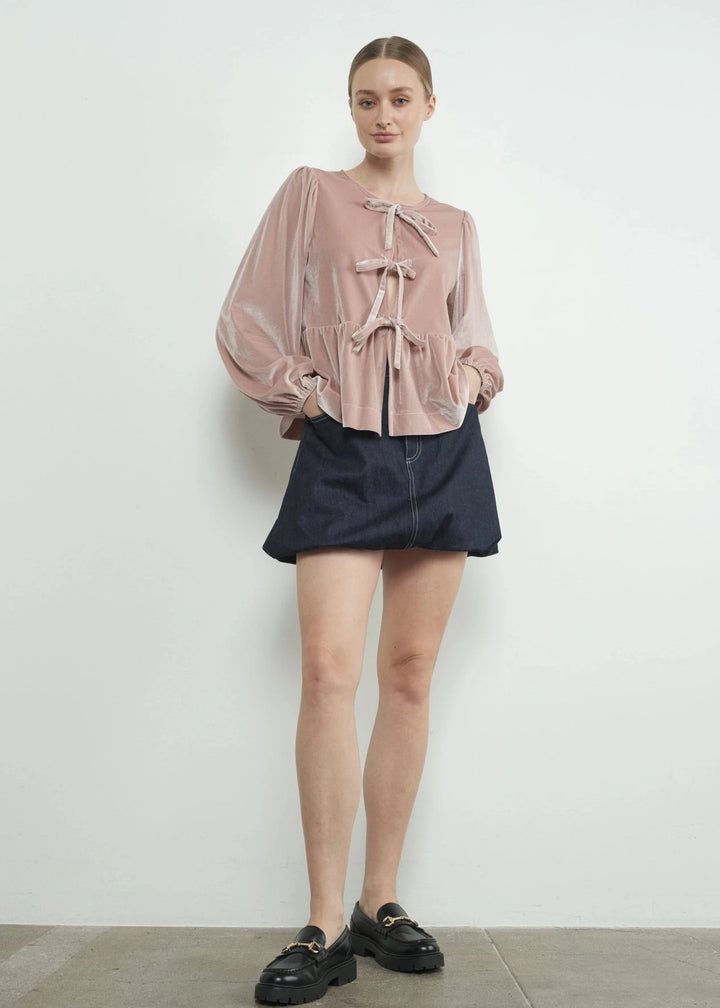 Velvet Bow Tie Peplum Blouse - Dusty Pink