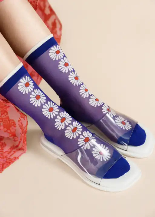 Daisy Pop Sheer Crew Socks - Blue